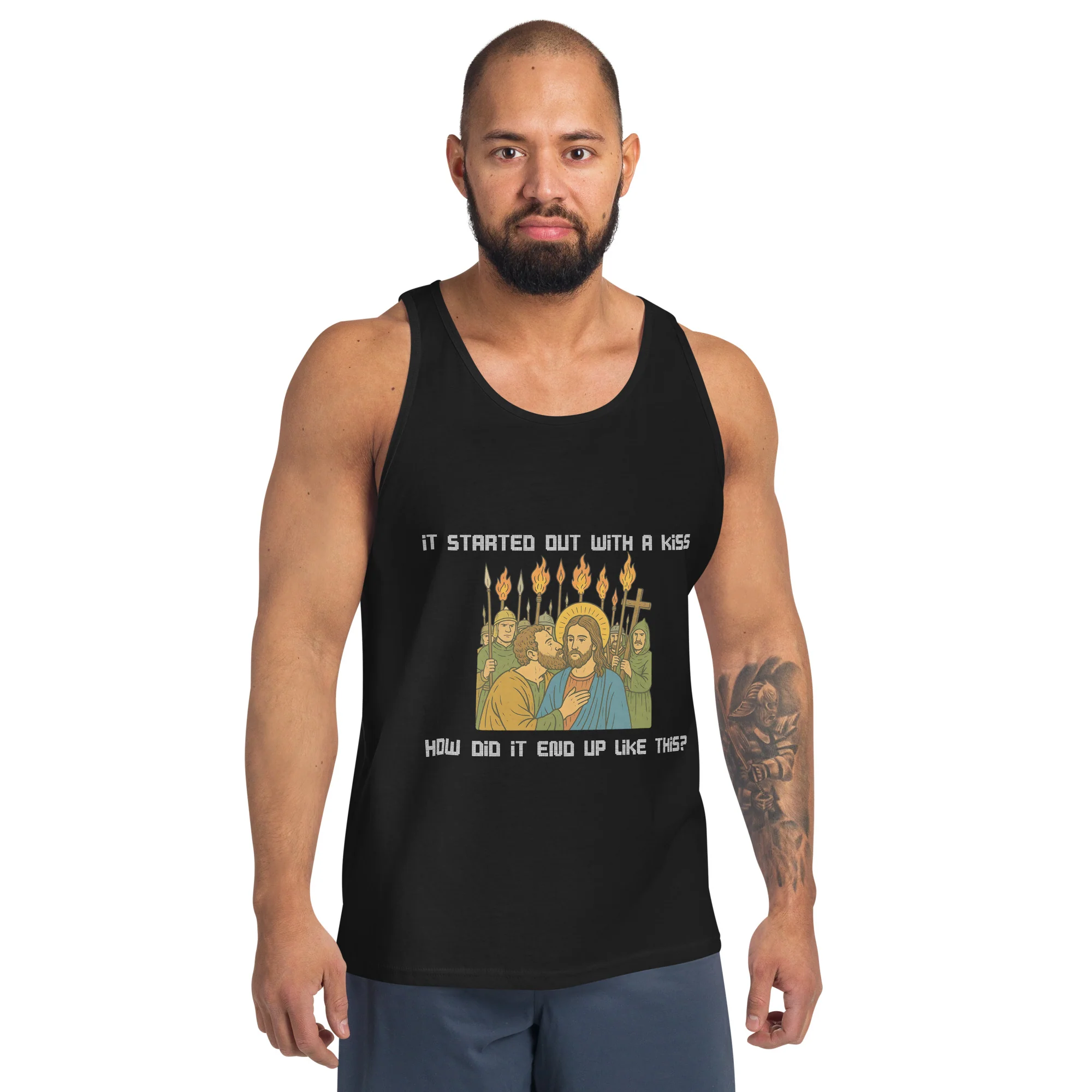It was only a kiss How did it end up like this Jesus & Judas Tank Top - Image 3