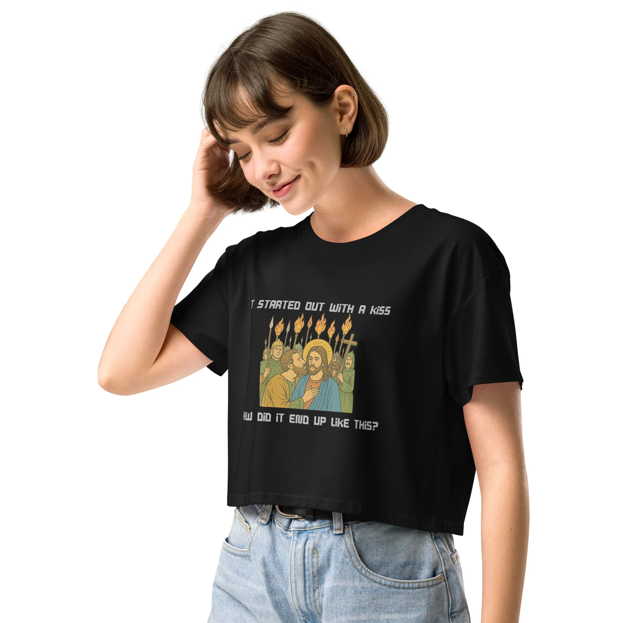 It was only a kiss How did it end up like this Jesus & Judas Women’s crop top - Image 6